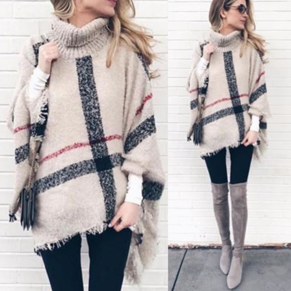 💥💥CLEARANCE MARKDOWN-LAST ONE ☝️ PLAID FRAYED HEM PONCHO-IVORY - Picture 3 of 5